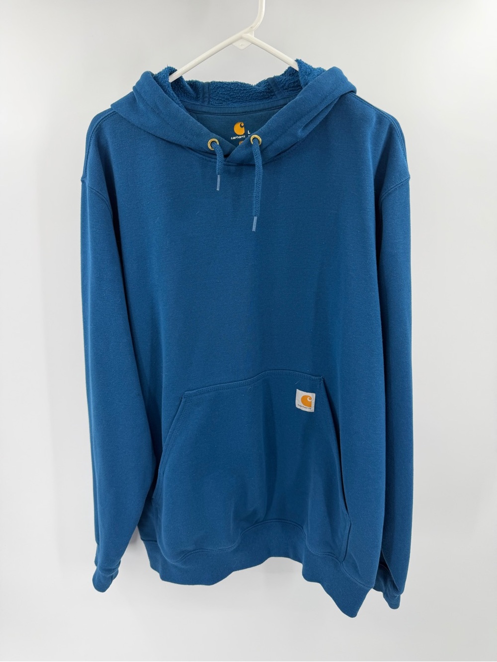 Carhartt Blue Hoodie Orange Sleeve Spellout Large Original Fit Mens Hoodie